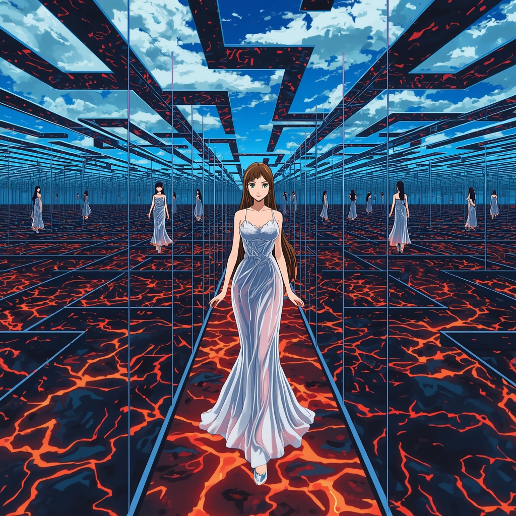 A woman walks through a mirror maze whose floor is made of lava and&hellip;