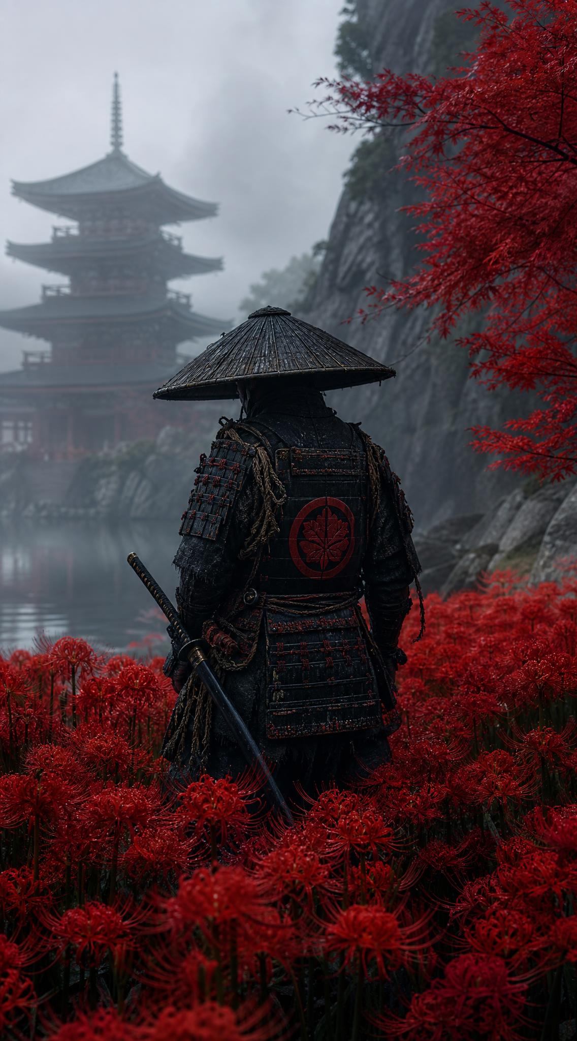 A lone samurai warrior standing with his back to the viewer in a dense&hellip;
