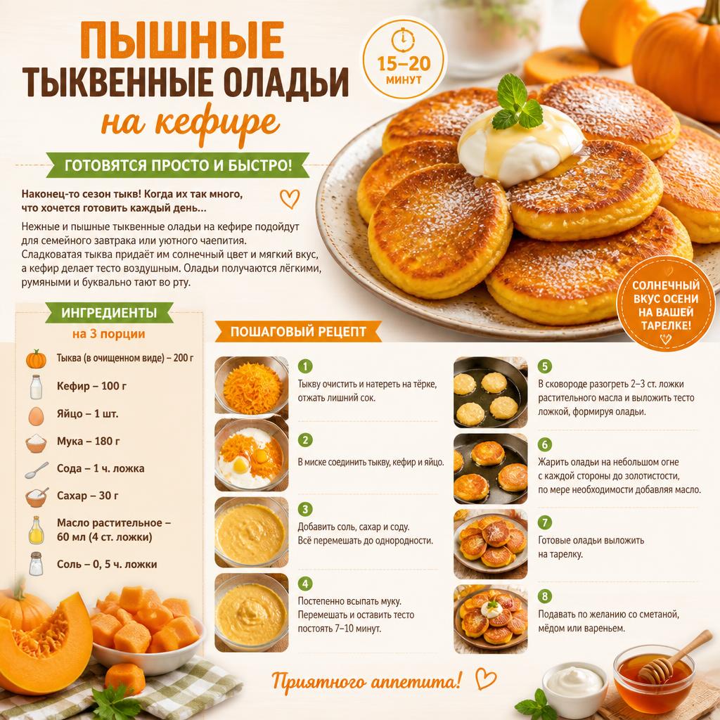 Создай яркую и аппетитную инфографику для кулинарного блога про тыквенные оладьи на кефире