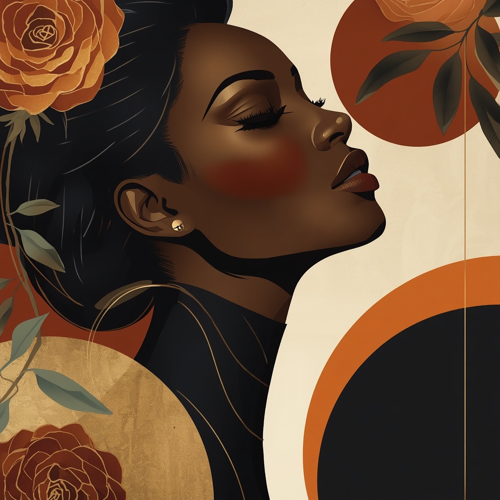 Create an elegant vertical 9:16 abstract portrait of a beautiful deep dark-chocolate-skinned Black woman&hellip;