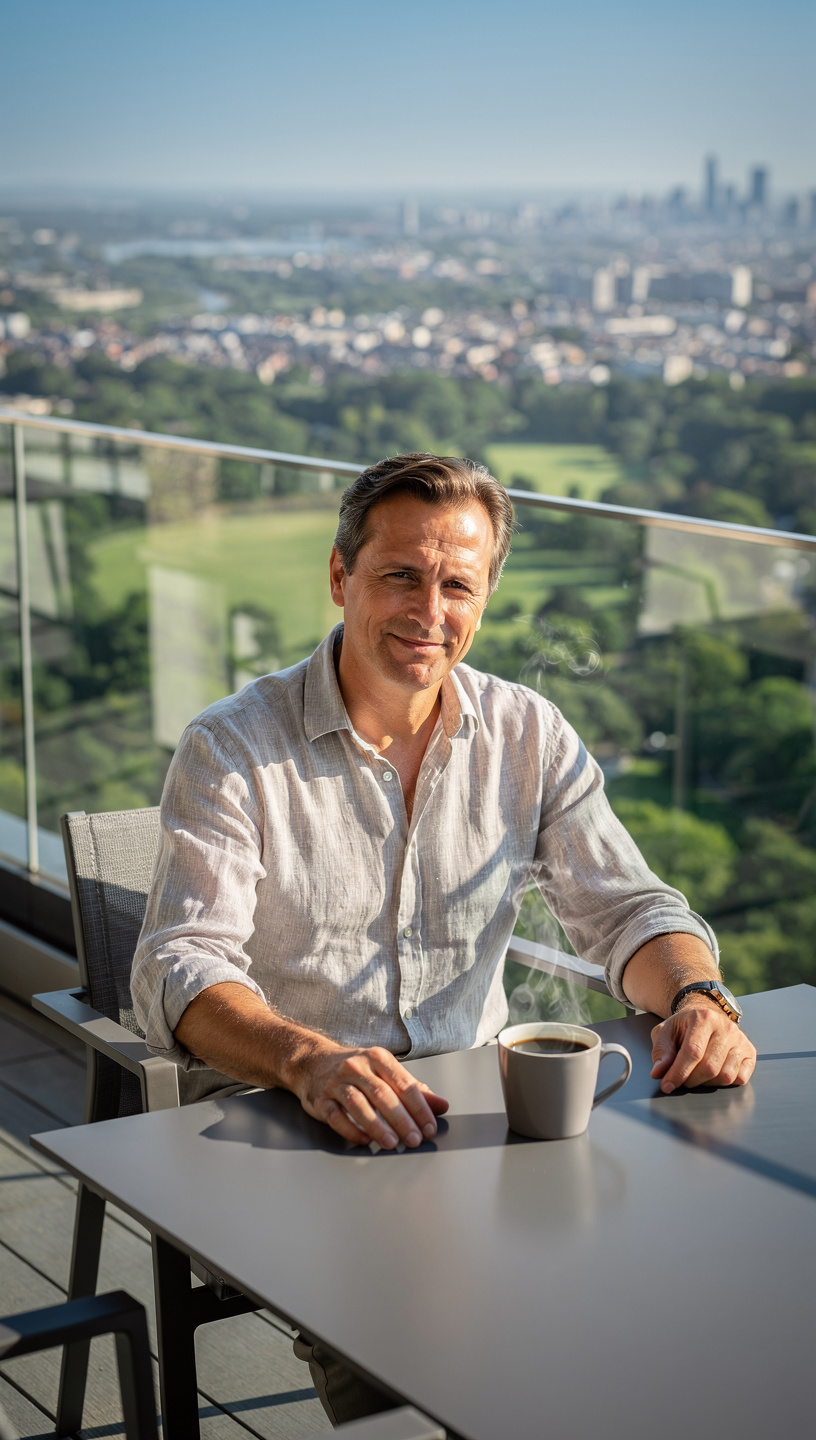 Cinematic medium shot of the mature 45-year-old man seated at a sleek table on&hellip;