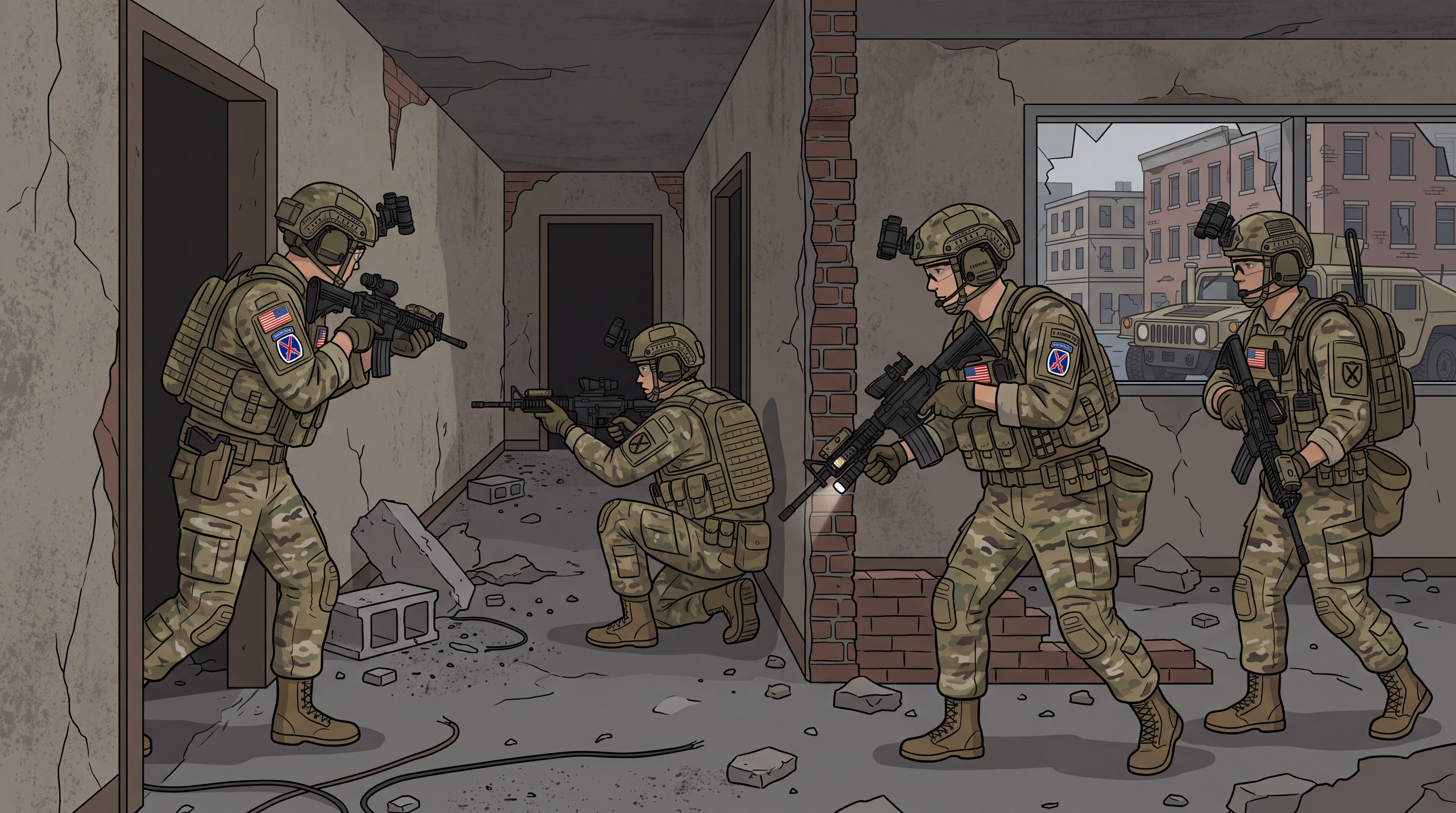 Create image of US soldiers from the 10th Mountain Division inside a building clearing&hellip;