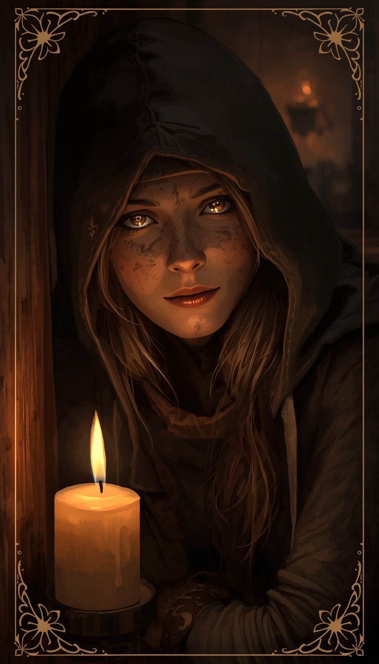 An intimate medium shot of a friendly hooded female sitting in a quiet