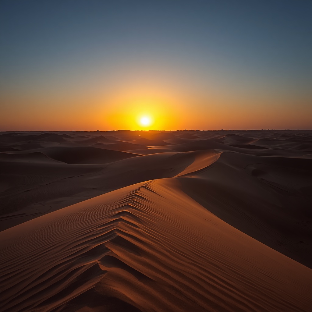 A beautiful sunset in the desert with big dunes casting shadows
