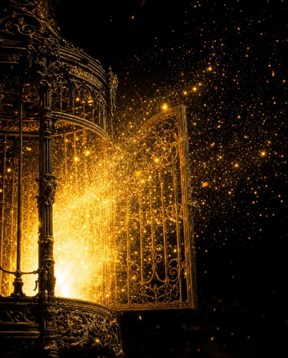 Imagine a close-up cinematic shot of an ancient ornate iron cage sitting at night