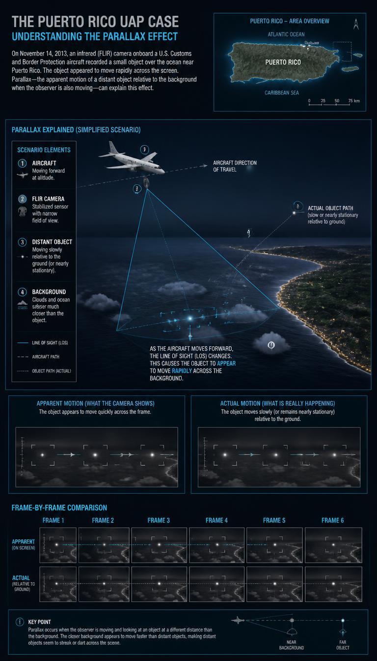 Professional scientific editorial infographic explaining the Puerto Rico UAP case and the parallax effect