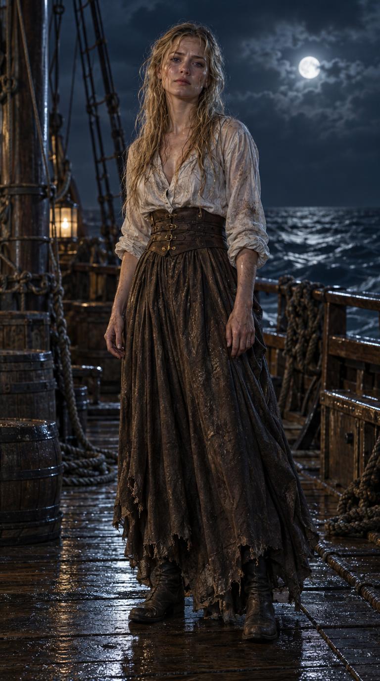 Full-body cinematic character reference of a young woman standing naturally on the deck of&hellip;