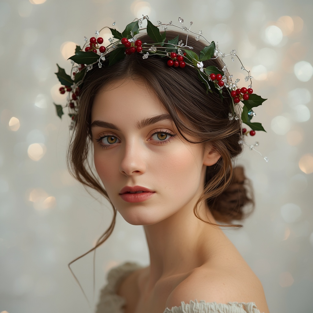 { "high_level_description": "A young woman wears an intricate holly crown of deep green leaves