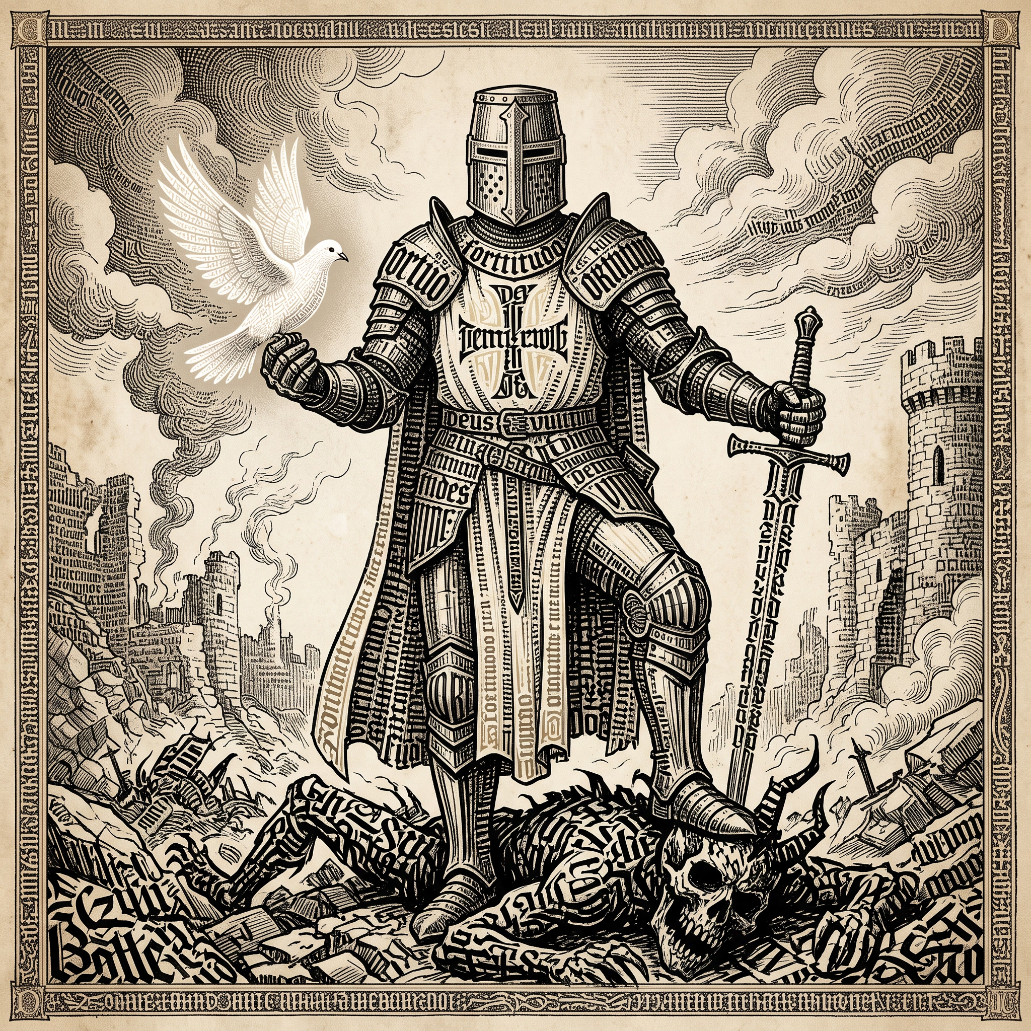 A monumental medieval Templar knight standing in a dramatic victorious pose