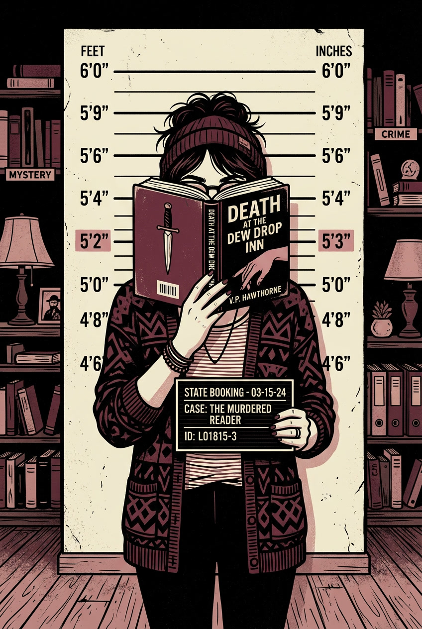 Create a playful vertical illustration of a book-loving woman holding a mugshot board while&hellip;