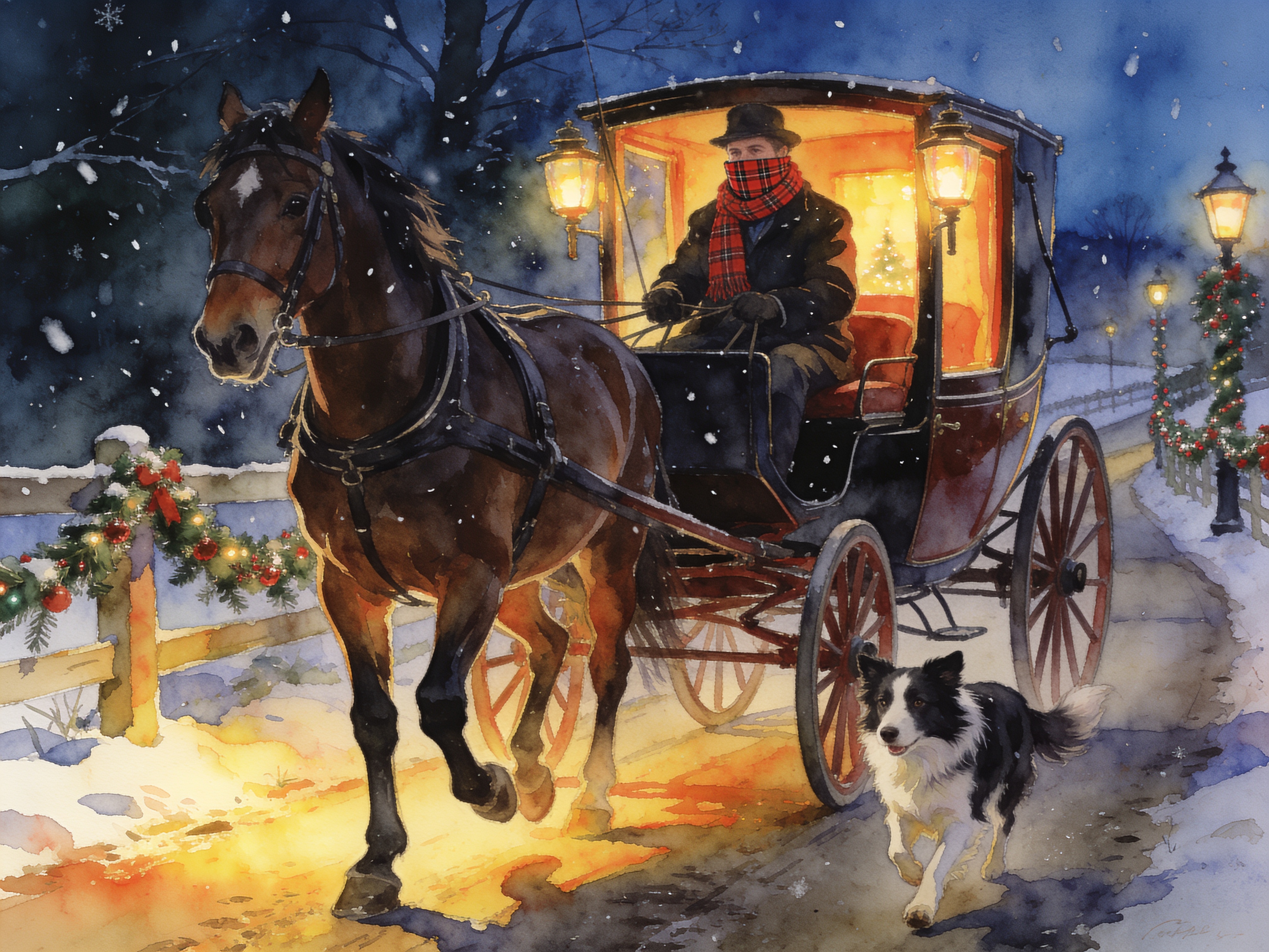 A high-end traditional watercolor painting of a victorian horse drawn carriage