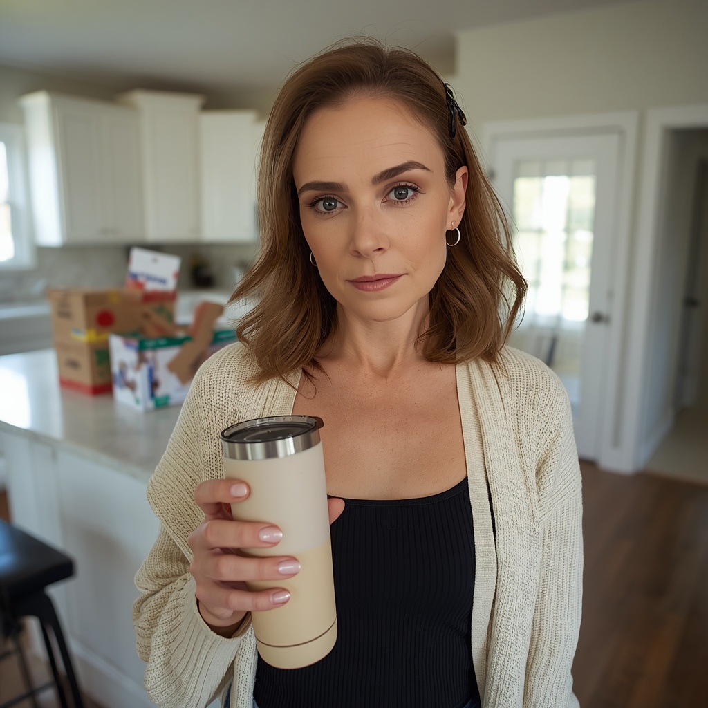 Photorealistic portrait photo of a 35-year-old suburban mom standing in her kitchen