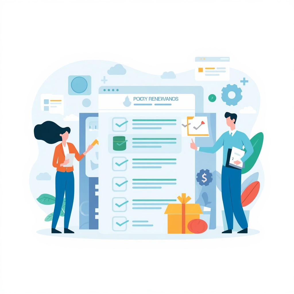 Premium corporate illustration showing an insurance company managing policy renewals after premium adjustments