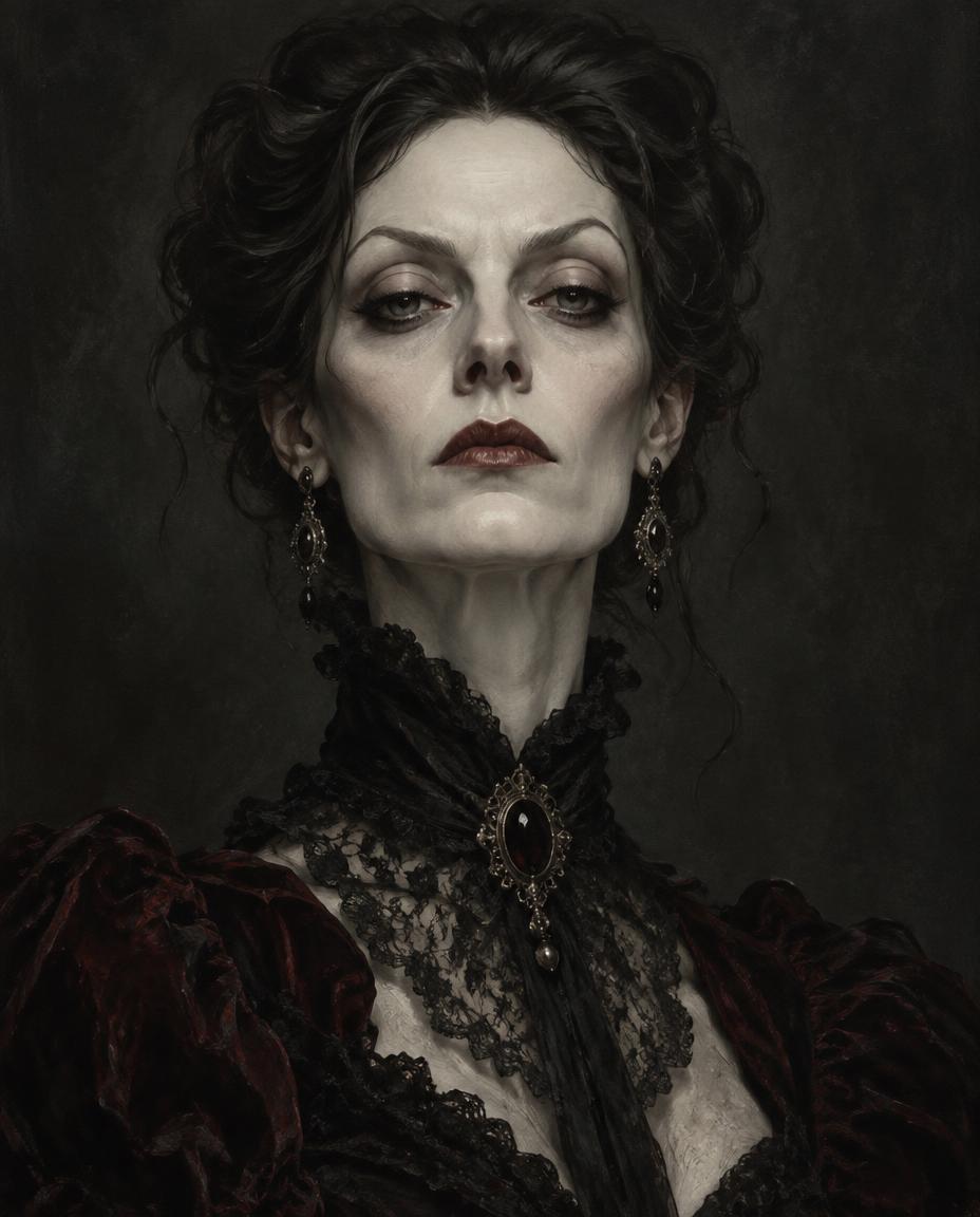 A caricature portrait in a dramatic gothic style of a woman in her 40s
