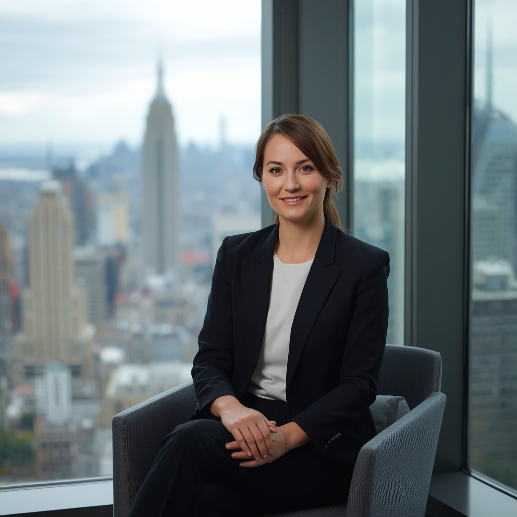 A professional high-resolution photographic portrait of a female corporate leader sitting comfortably near a&hellip;