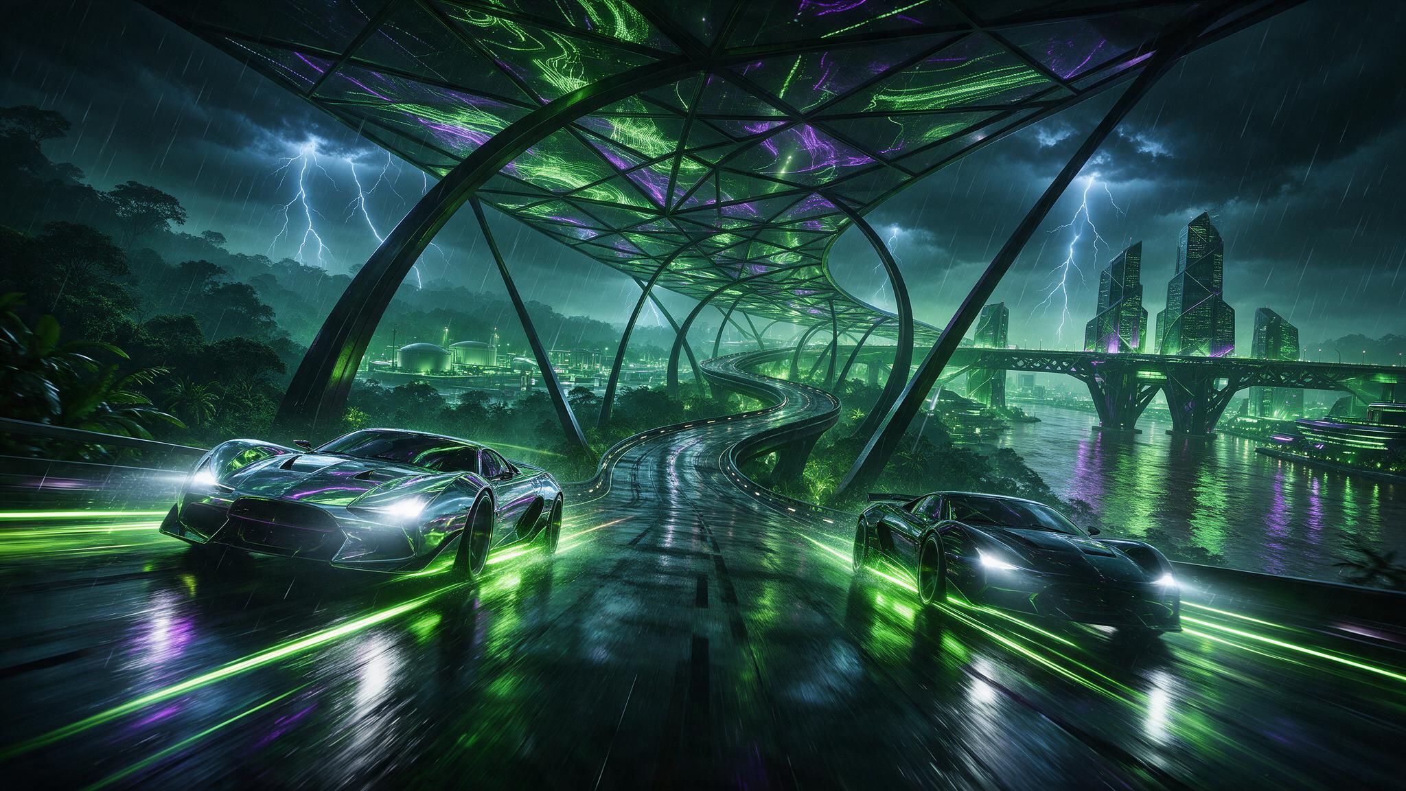 A cinematic ultra-wide night view of a colossal serpentine urban highway winding like a&hellip;