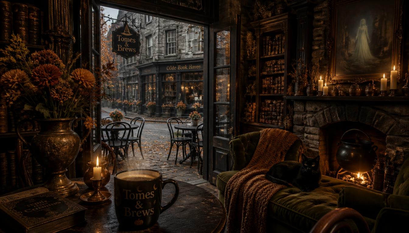 Still image from inside a cozy witch&rsquo;s caf&eacute; called Tomes & Brews