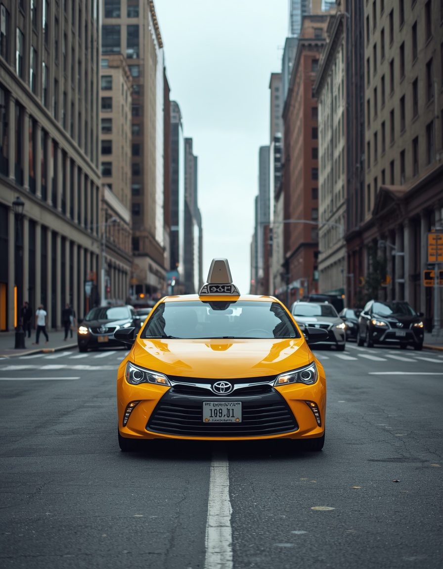 Quiero una imagen de un taxi amarillo en una avenida de nueva york