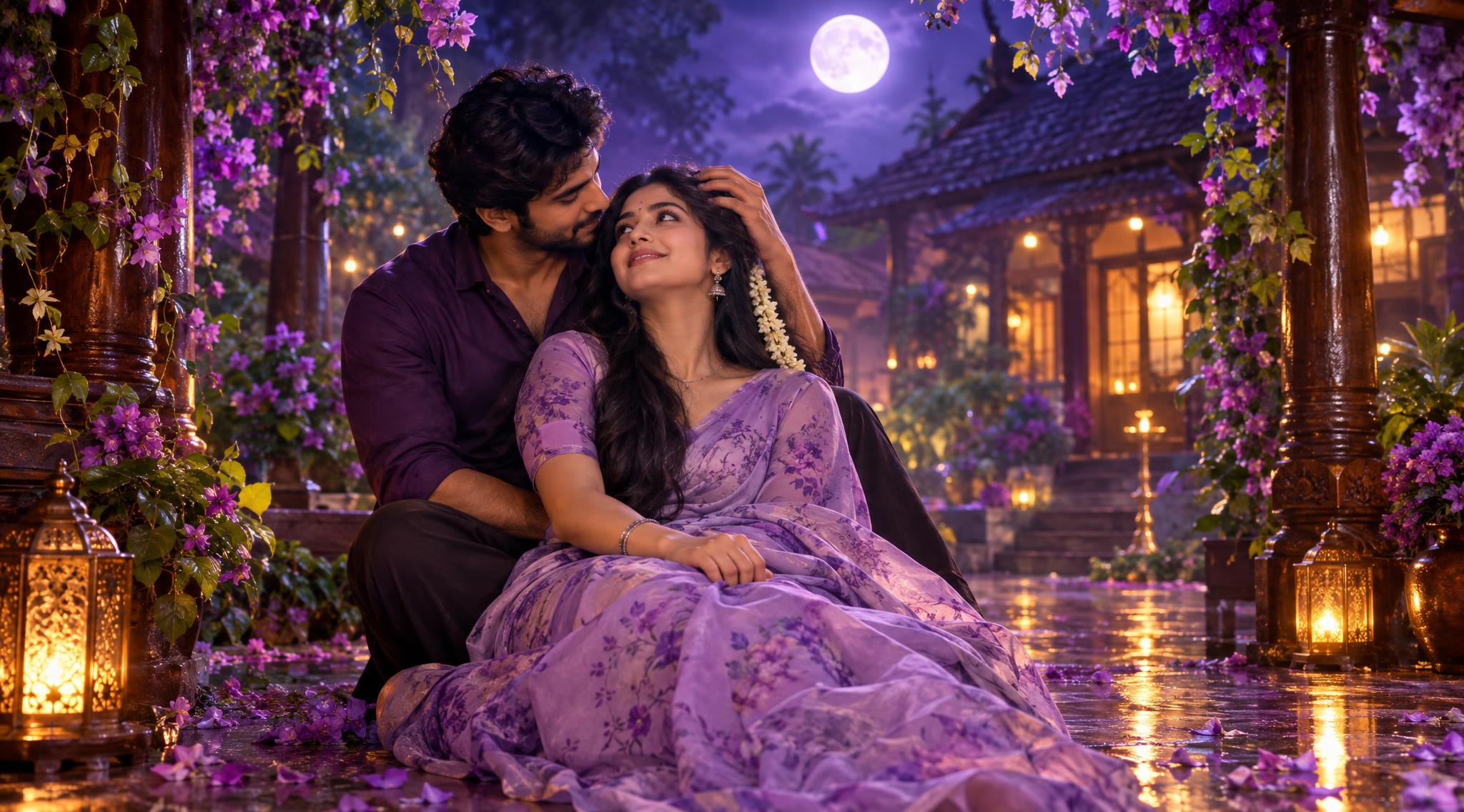 *A breathtaking ultra-realistic cinematic romantic scene featuring a handsome young South Indian man and&hellip;
