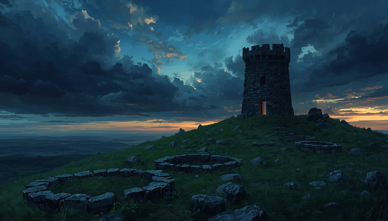 Ancient ruined watchtower on a windswept hilltop at dusk
