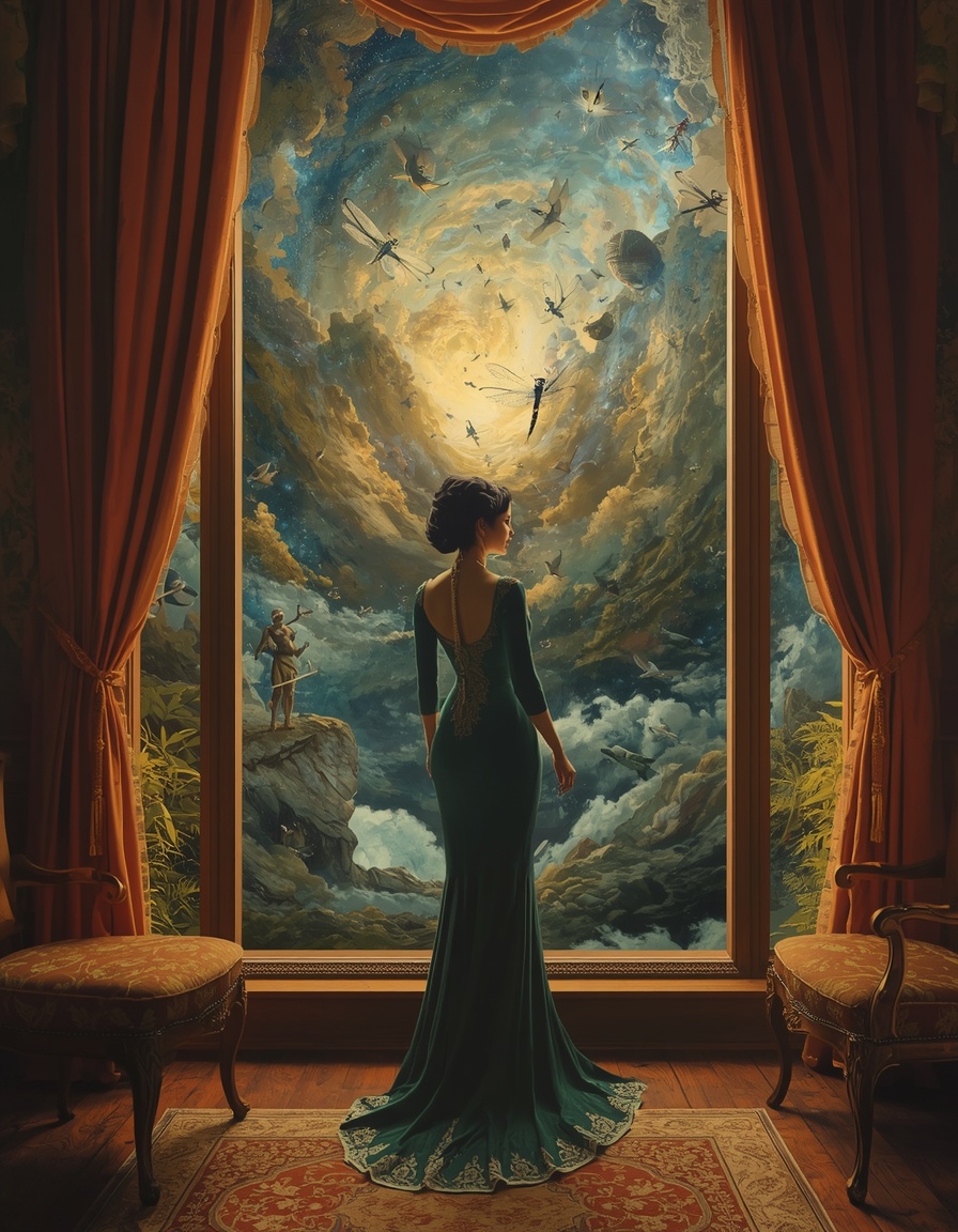Render a surrealist master&rsquo;s oil painting of a tall beautiful woman standing regally at&hellip;