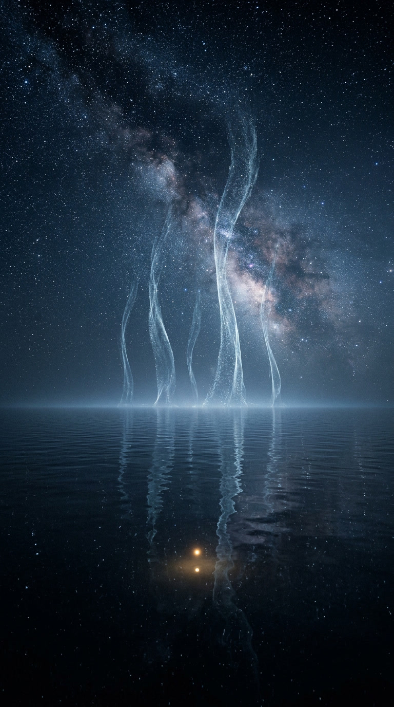 An endless midnight-blue ocean at night beneath an immense star-filled celestial sky