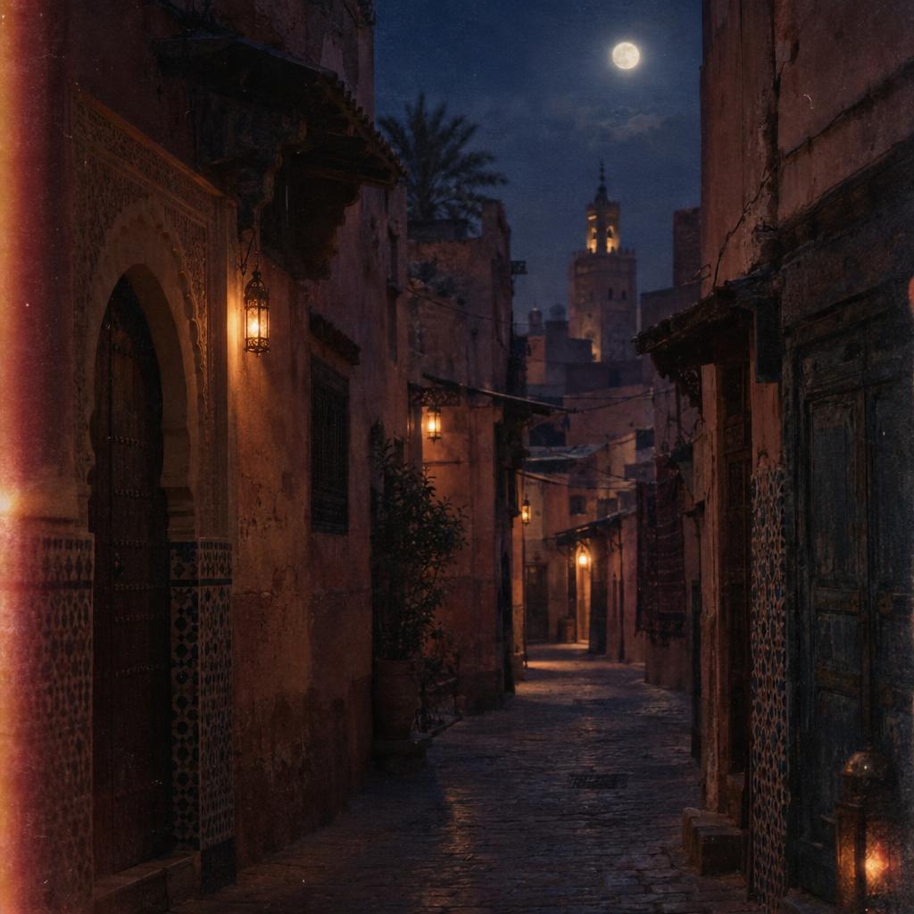 Lo-fi photographic scene of Morocco under soft silver moonlight