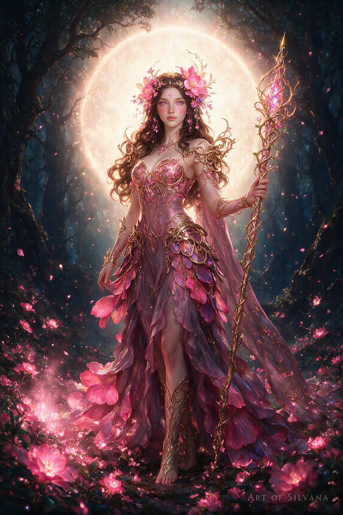 Image is a digital fantasy artwork featuring a female character in an elaborate