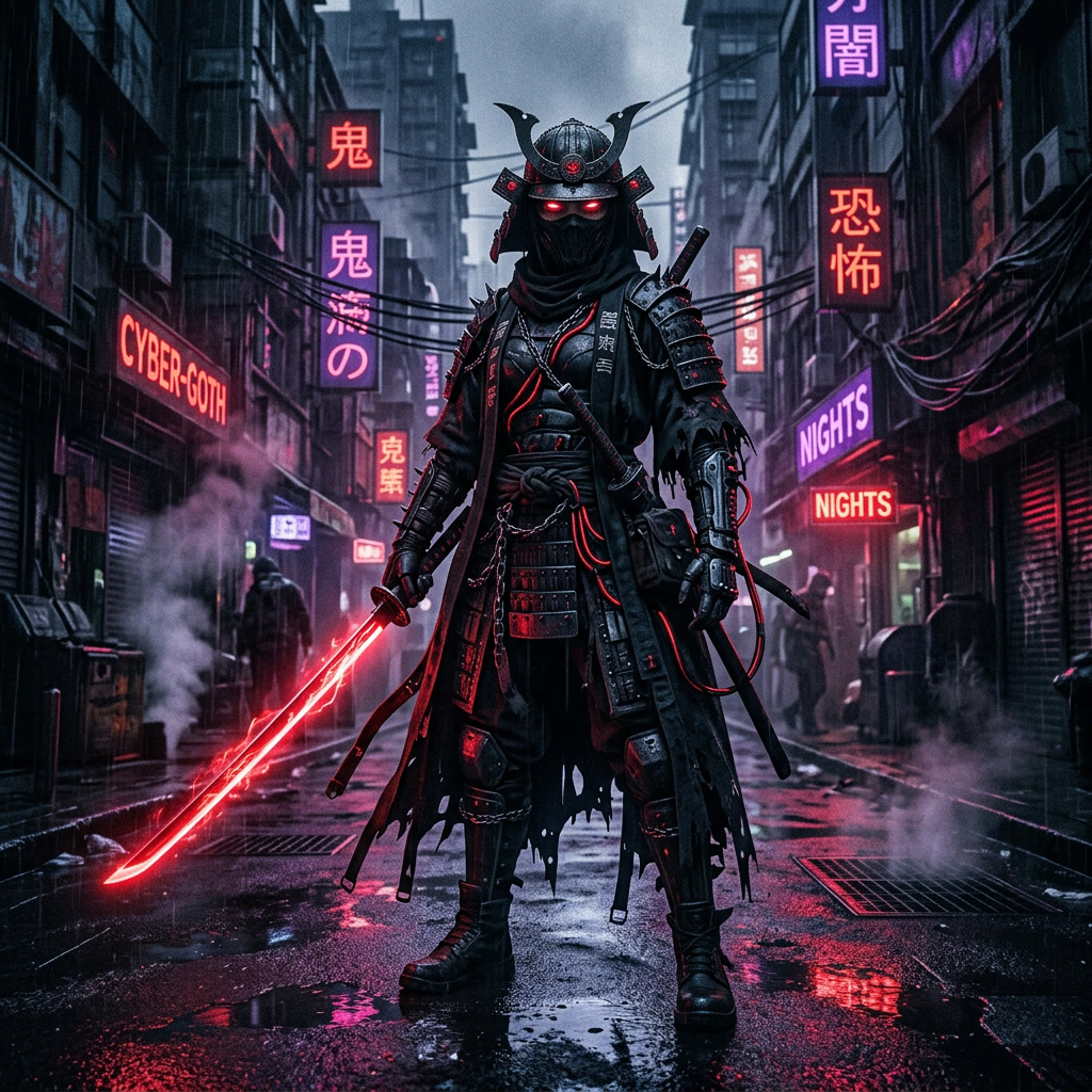 Create me a cyberpunk Ninja/Samurai Women in a horror / Goth style