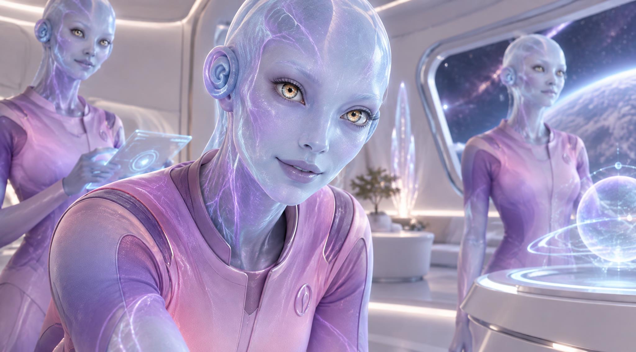 Women of an alien race with semi transparent light blue skin