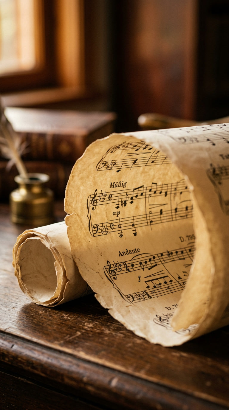 A vertical macro closeup shot of a rolled-up and curved antique sheet music scroll&hellip;