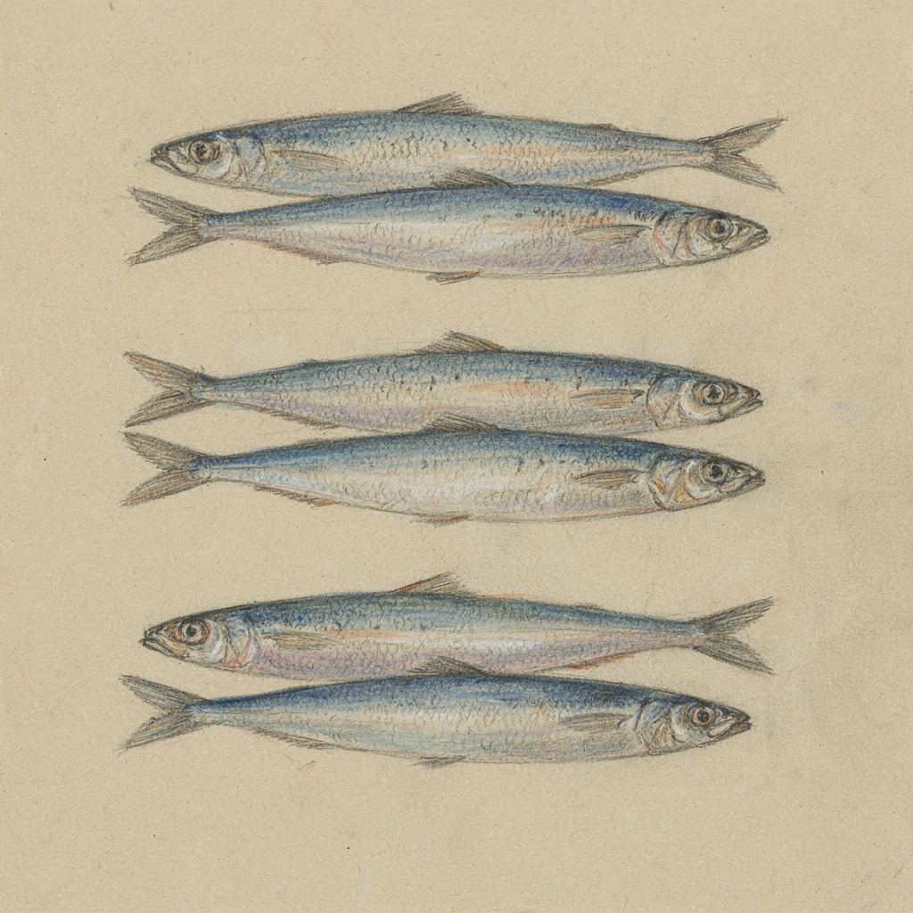 A few sardines arranged neatly in parallel rows