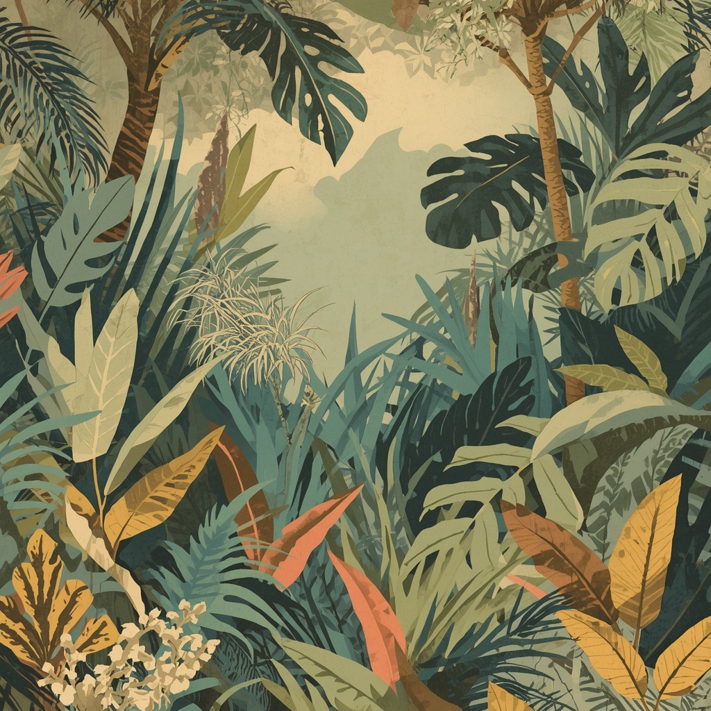 A dense African jungle in a vintage illustrated aesthetic