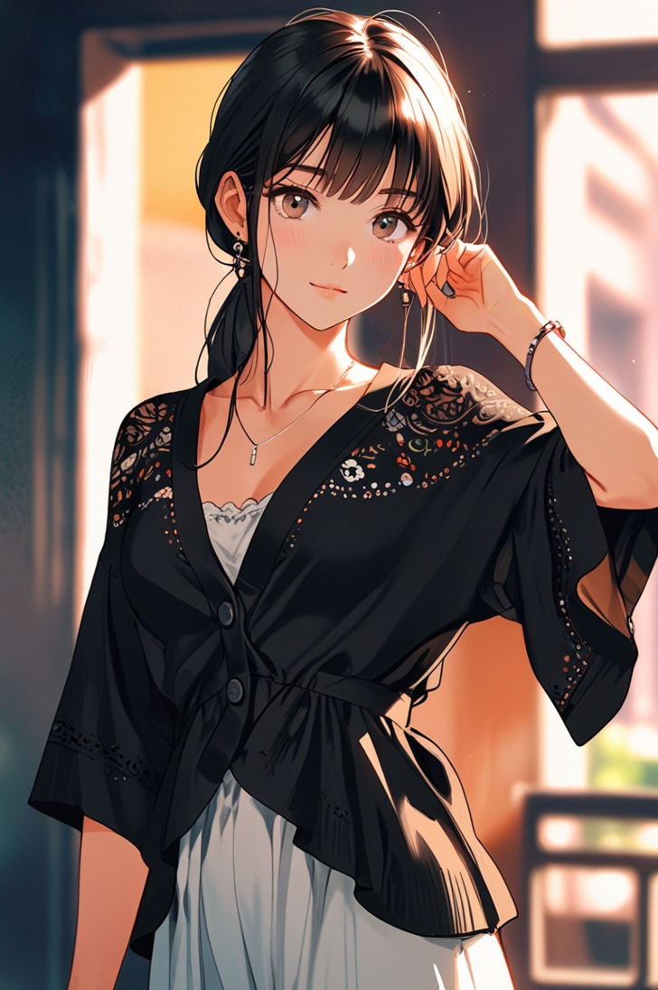 A polished full-color Japanese anime-style face-up portrait of a young Japanese woman with fluffy