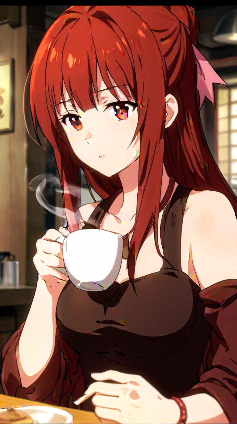 Cinematic anime keyframe of a serene woman with long