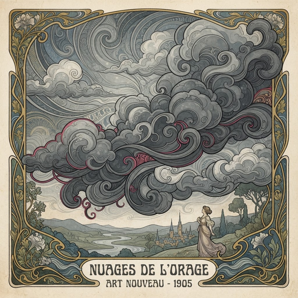 Art Nouveau ilustra&ccedil;&atilde;o nuvens cinzas e densas (destaque para as nuvensl) linhas organicas delicadas&hellip;