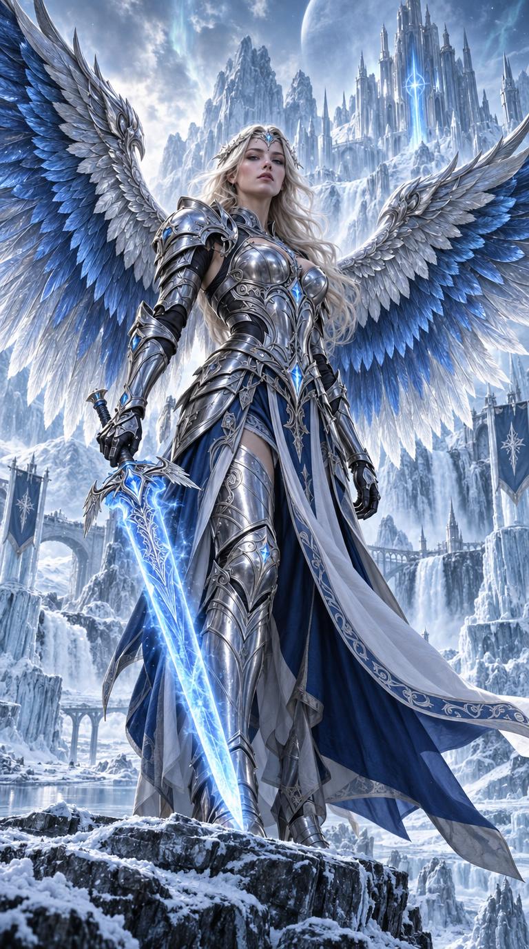 &ldquo;A majestic feminine warrior angel with massive blue and silver wings standing in an&hellip;