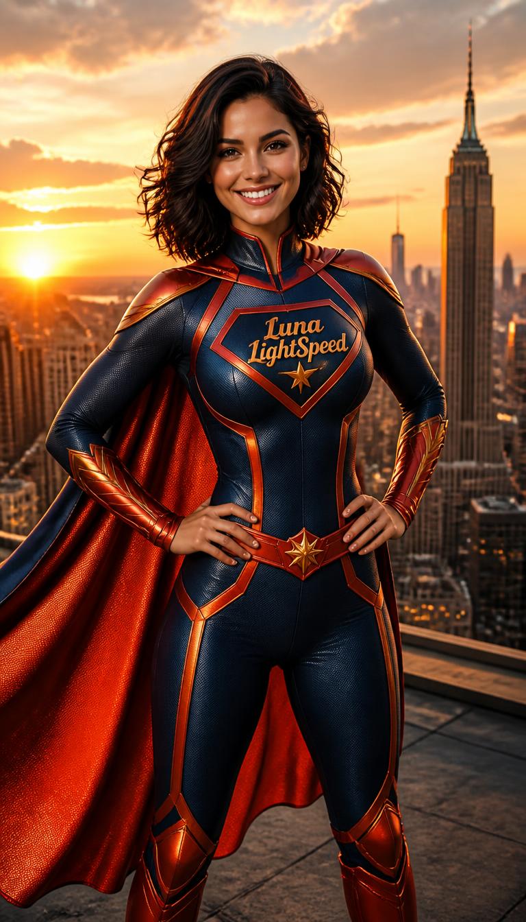 Create an image of a female super hero approximately 25 years old