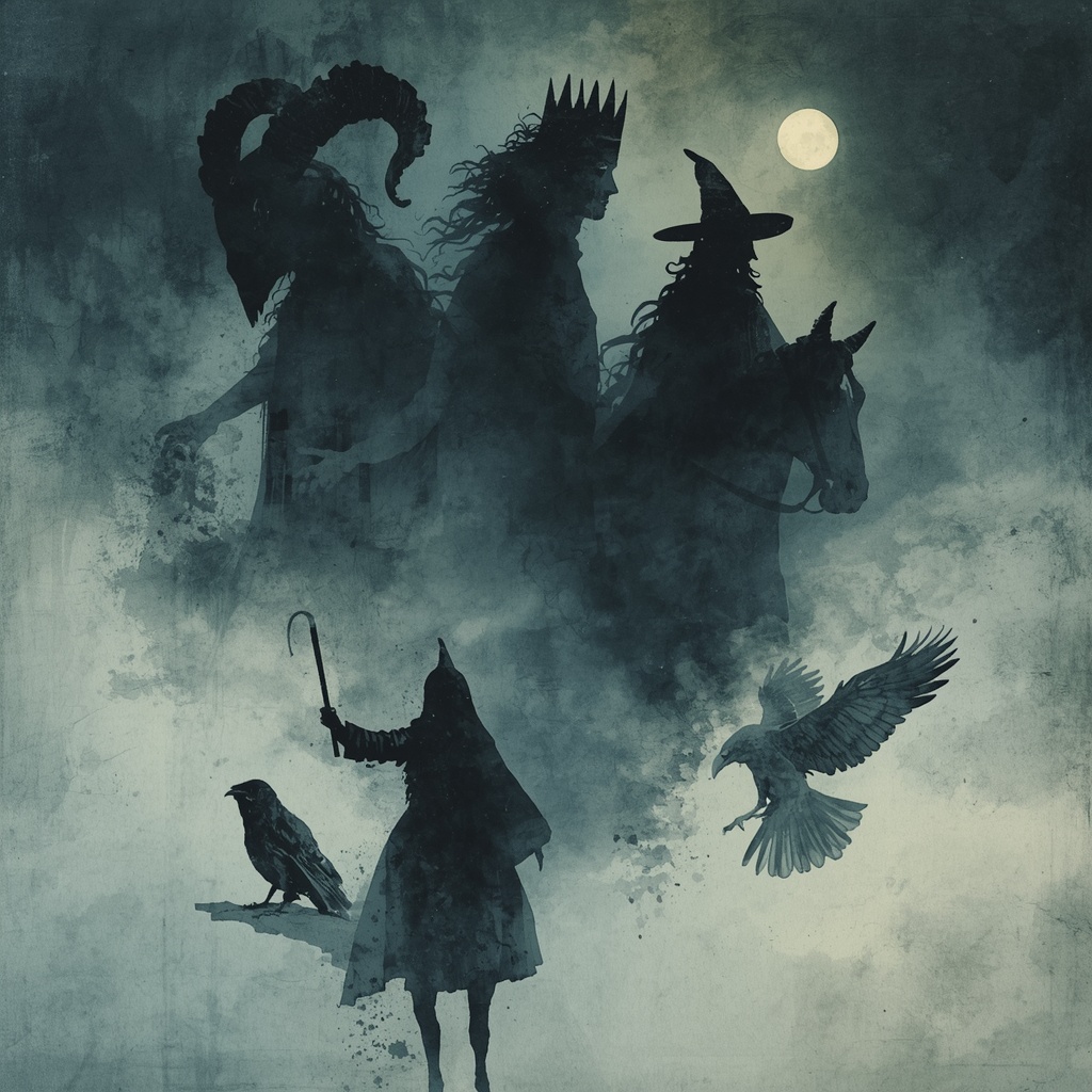 "A collage-like composition of faint overlapping silhouettes &mdash; a horned demon