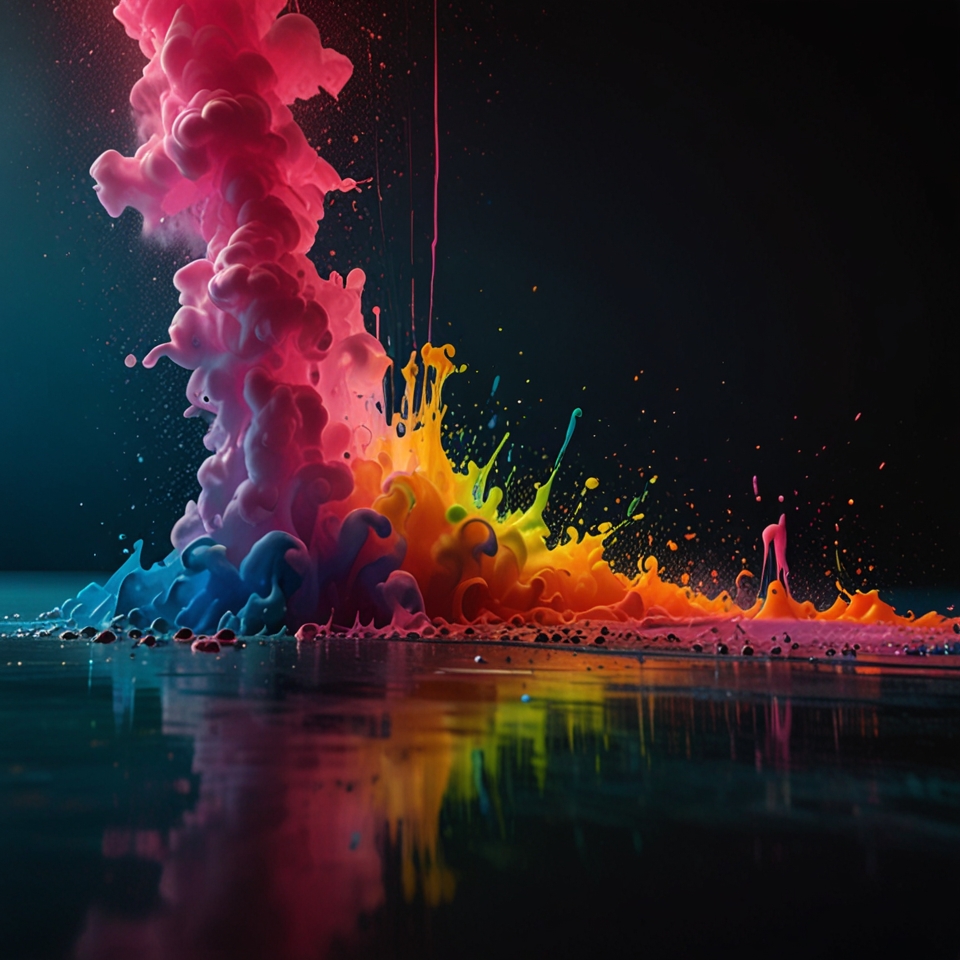 A surreal cinematic digital artwork shows a dramatic splash of glossy