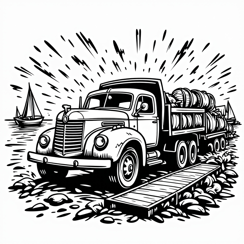 Retro trucks by lakeside docks - angled view with fishing nets and wooden barrels&hellip;