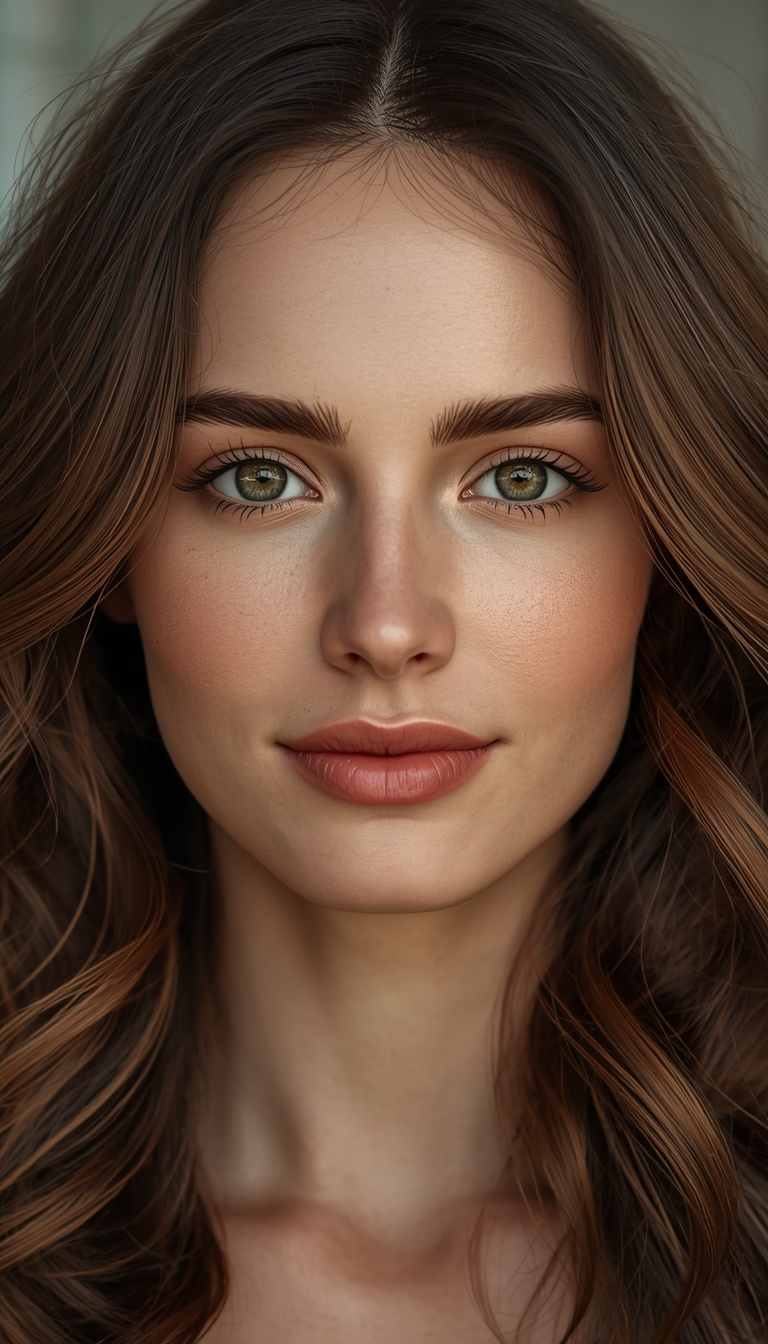 Photorealistic portrait of a beautiful adult woman with dark chestnut brown