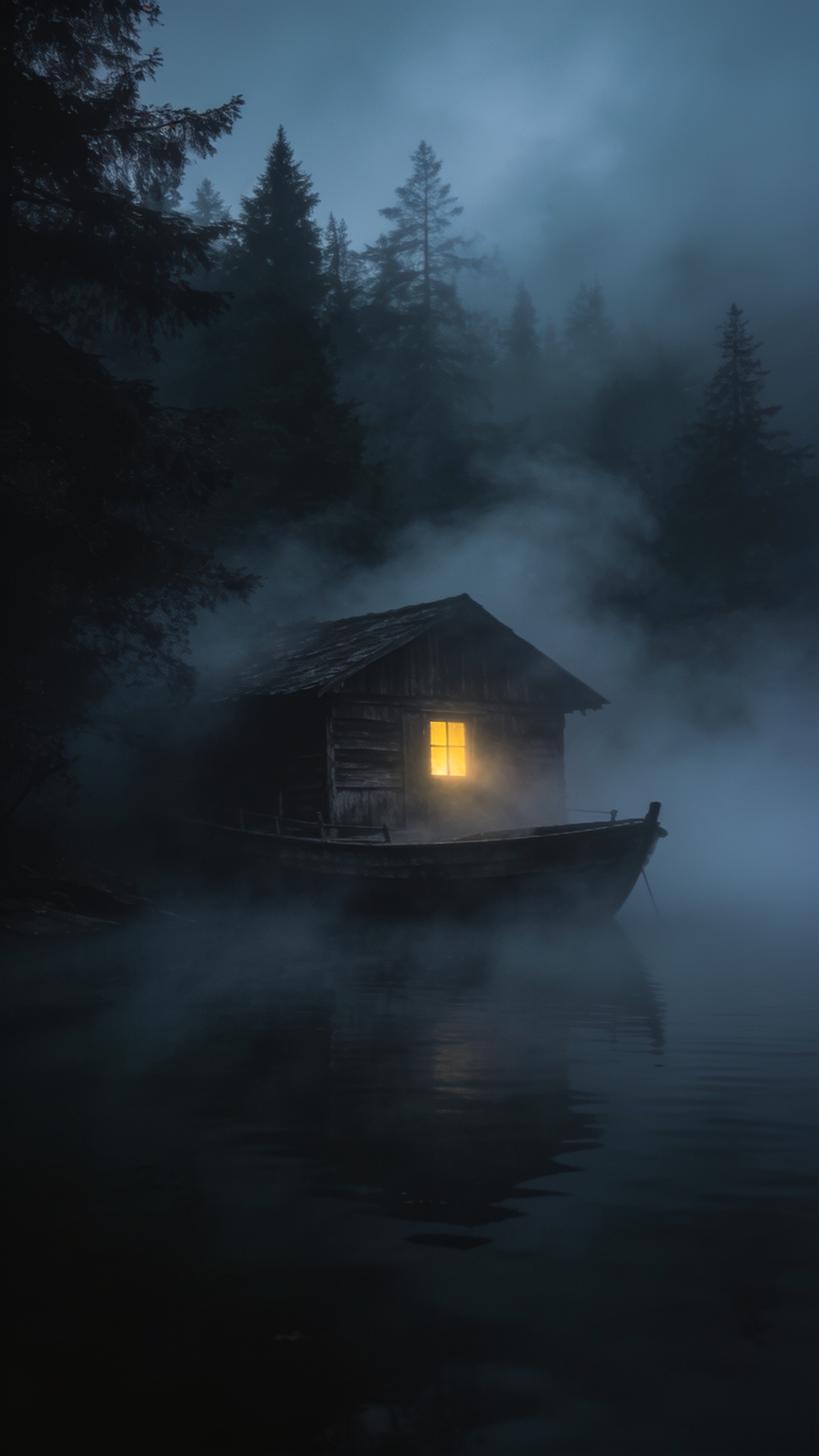 "Distant shot of the old boat house through fog