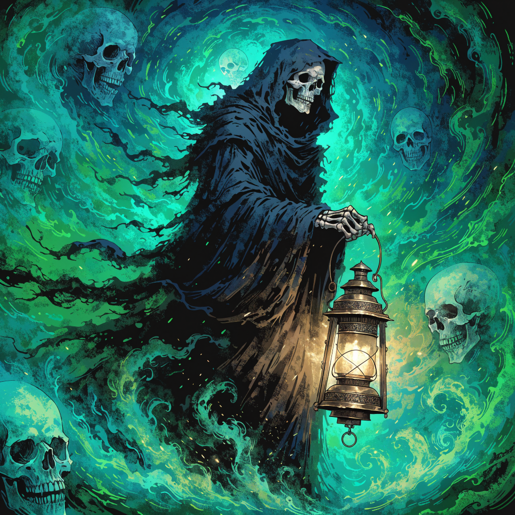 A dramatic dark-fantasy illustration of a hooded Grim Reaper holding an ornate antique lantern&hellip;