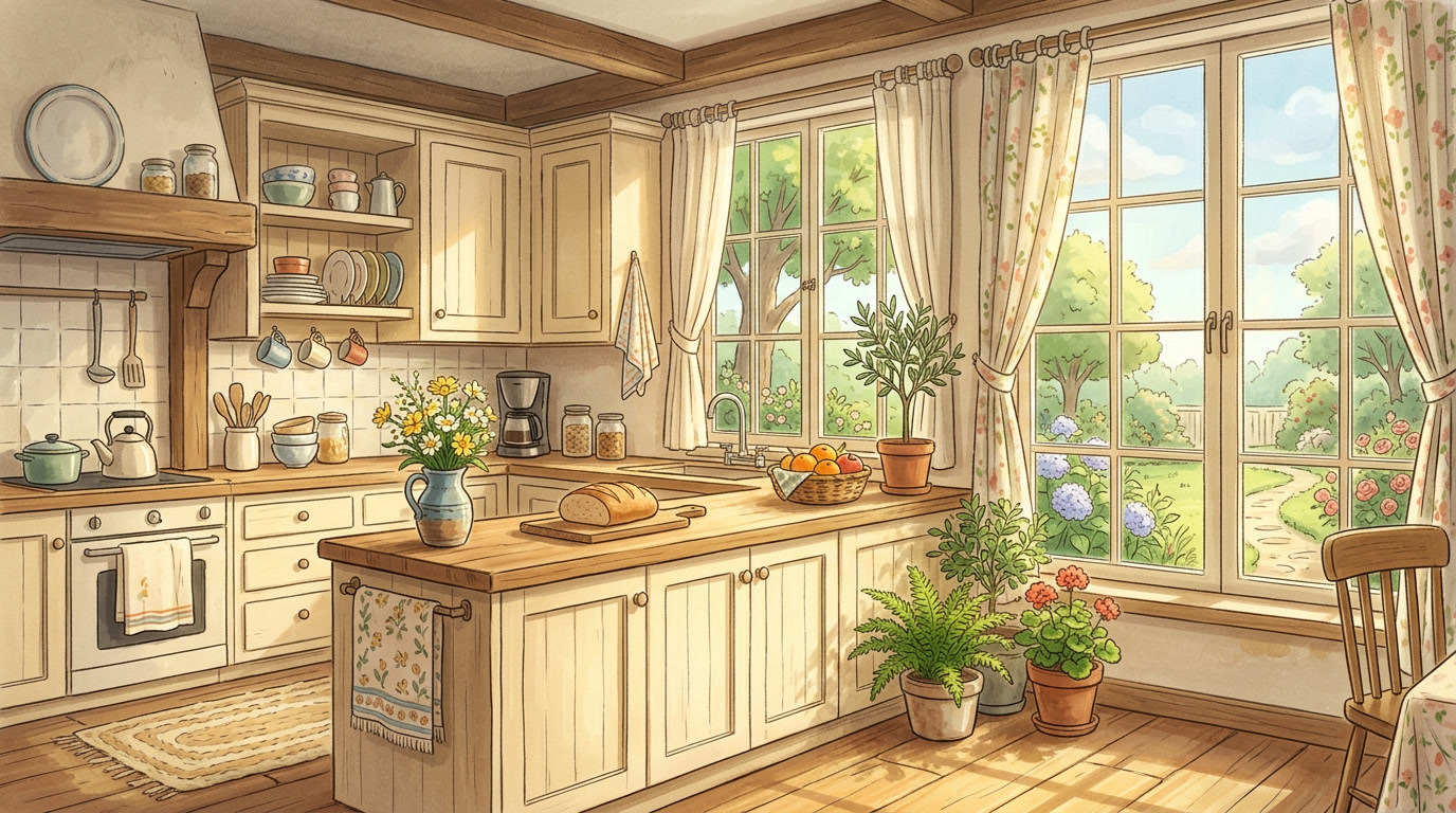 A cozy sunny kitchen illustrated in the same charming hand-drawn 2D animation style as&hellip;