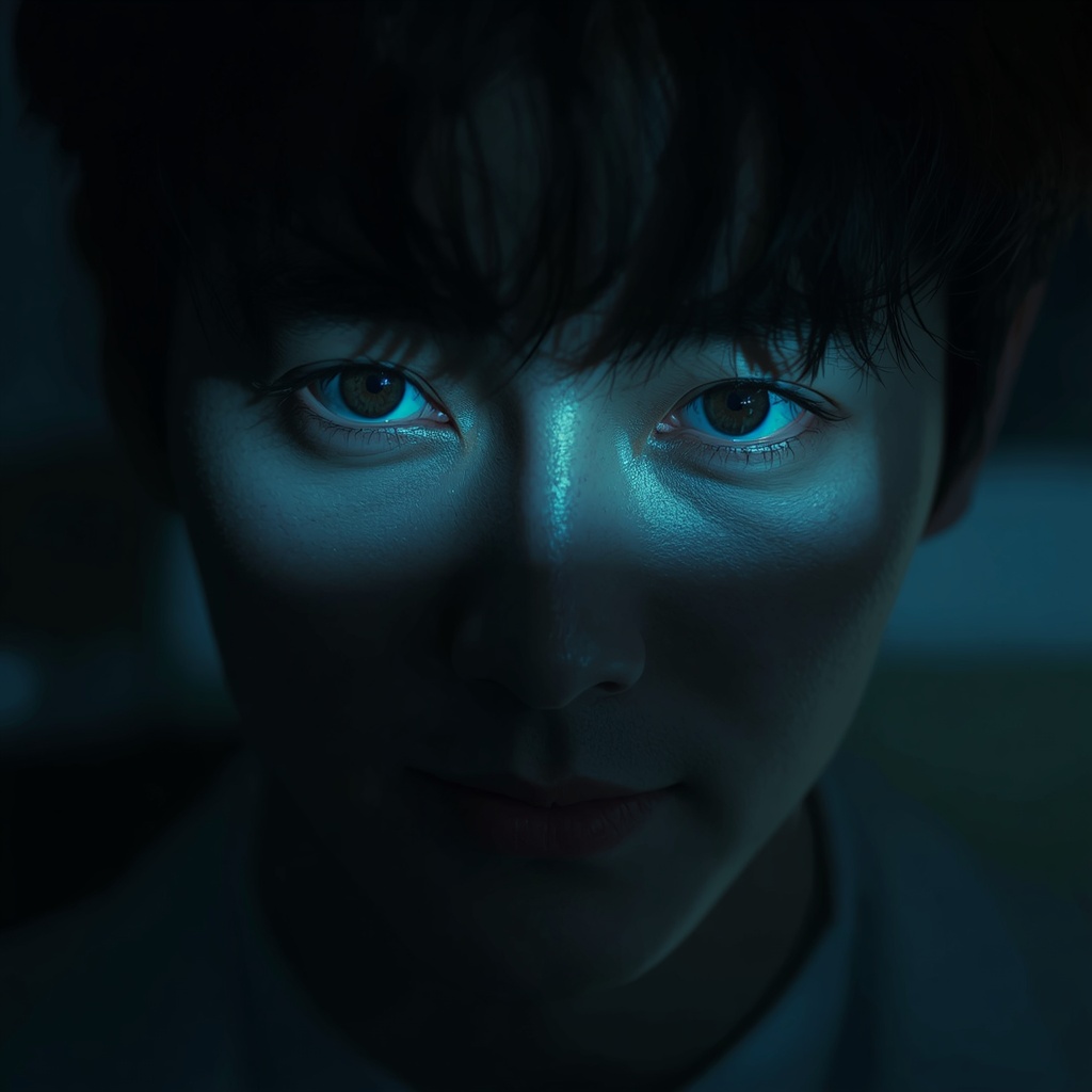 Extreme close-up photograph of Do-jin's face (maintaining the exact facial features