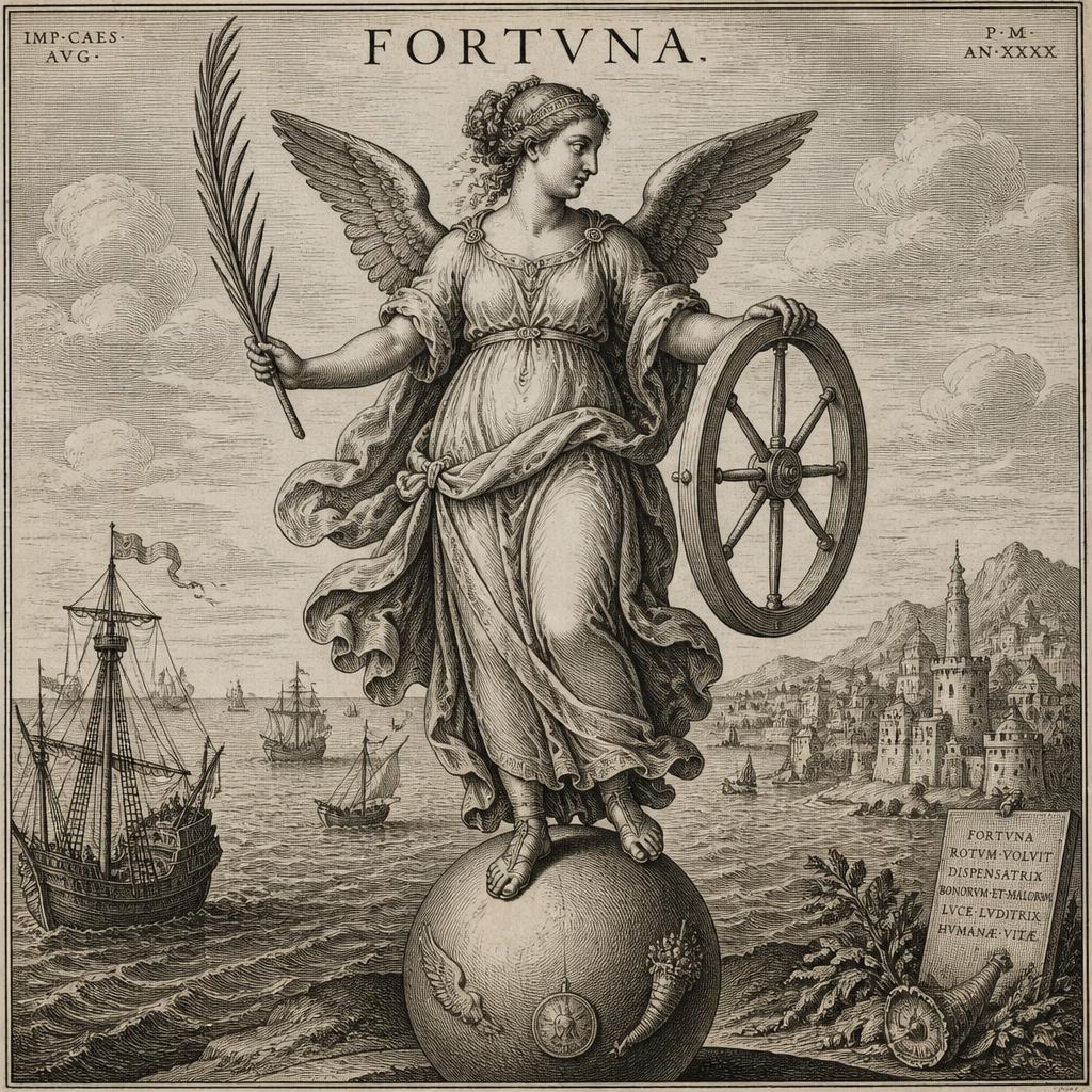 Image is a detailed black and white engraving depicting a classical allegorical figure