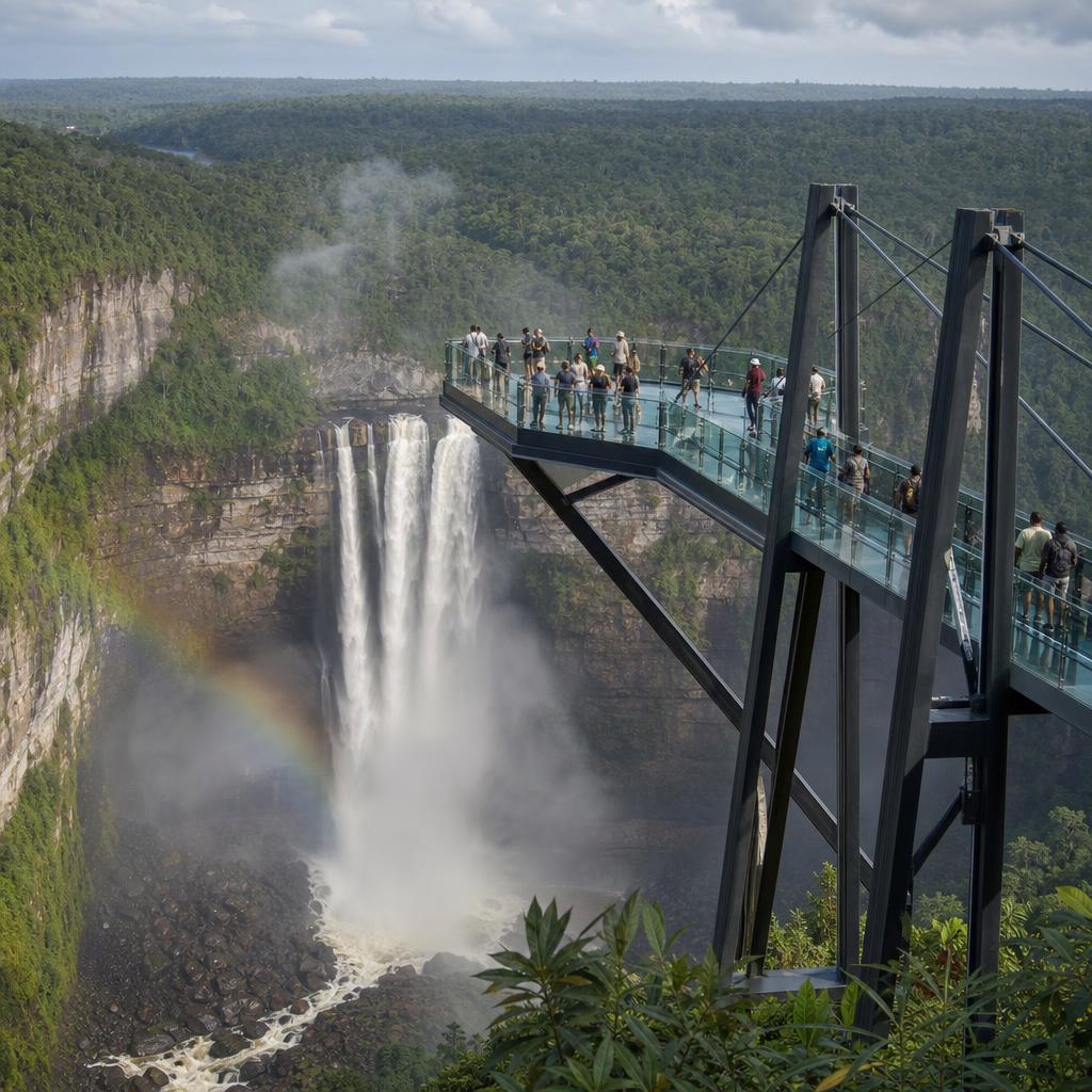 A hyper‑realistic photograph of a futuristic eco‑tourism attraction in Guyana called the &ldquo;Kaieteur Skybridge&hellip;
