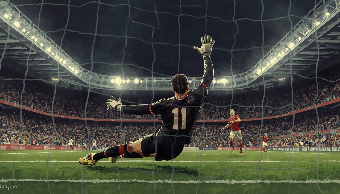 A goalkeeper diving to save a penalty kick during a night shootout in 1996