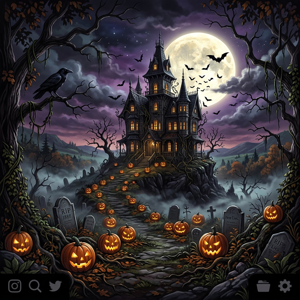 Create a richly detailed Halloween wallpaper featuring a moonlit haunted landscape with a grand&hellip;